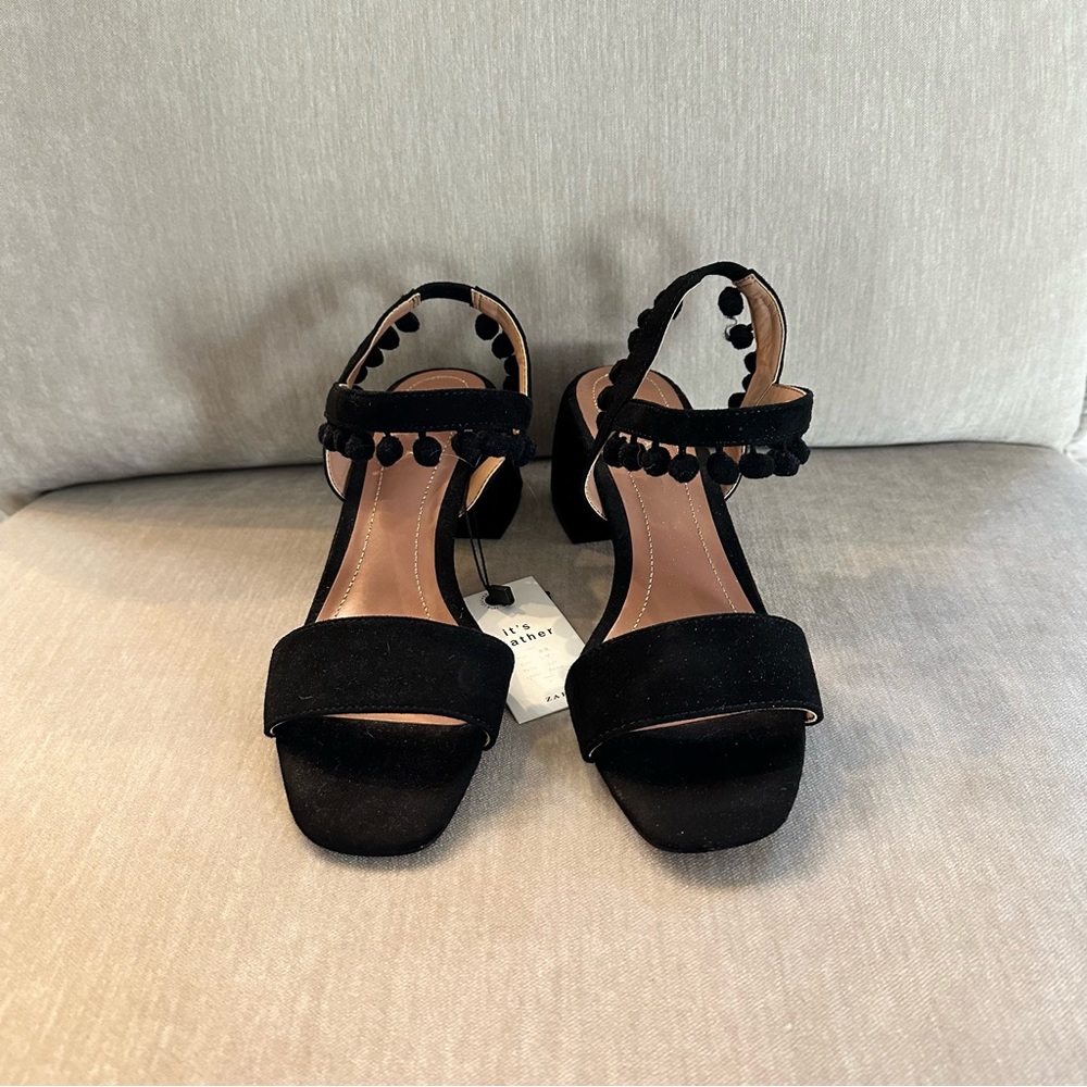 Zara Black PomPom Block Heels - Size 6